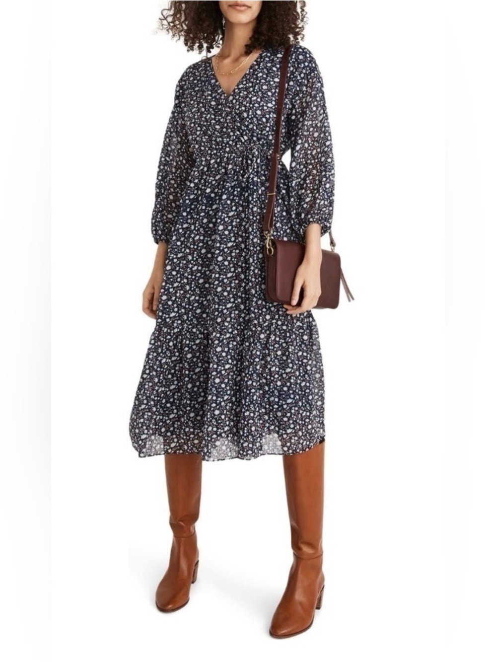 MADEWELL Tie Waist Blue Floral Lined Midi Dress Size XL NWT